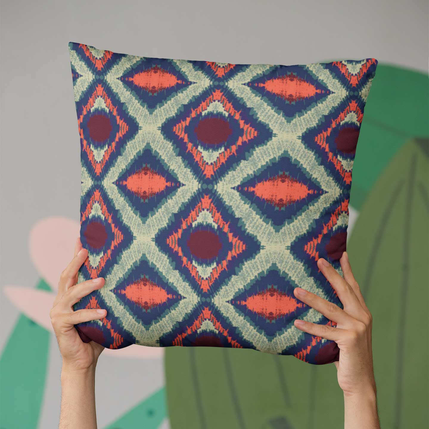 Whether as a focal point or a complementary accent, Green-Blue-Red Ikat brings a touch of exotic sophistication and artistic depth to any space, transforming it into a colorful and stylish haven.