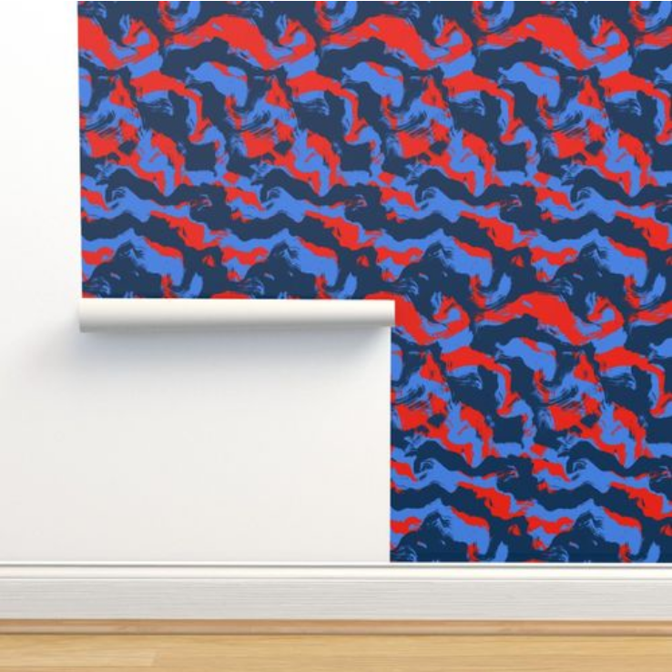 Ocean waves hand painted red and blue wallpaper