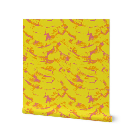 Yellow Brushstrokes pink and red hand painted wallpaper